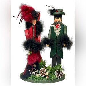 Large Wooden Victorian Couple Christmas Caroler’s Wood Base Vintage 17” Tall
